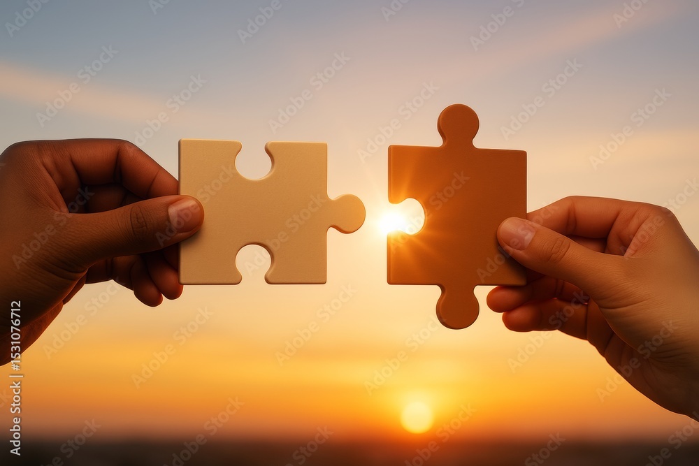 Aufkleber two hands holding matching puzzle pieces with sunlight shining through them symbolizing connection a