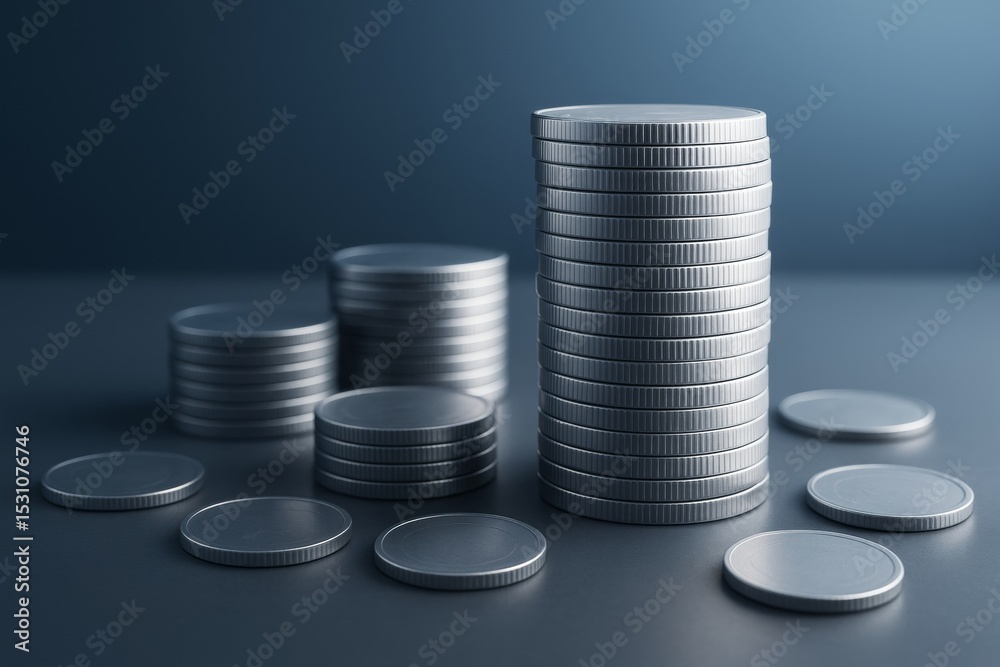 Poster stacks of silver coins arranged neatly on a smooth dark background with soft light reflections, symb