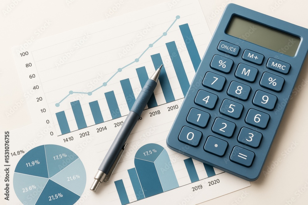 Poster Business finance charts with calculator and pen on light background, showing abstract data analysis and economic growth statistics concept.