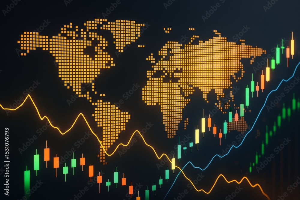 Poster abstract world map with glowing stock market candlestick chart and trend lines on dark background in