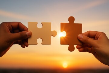 Two hands holding matching puzzle pieces with sunlight shining through them symbolizing connection and collaboration at sunset background.