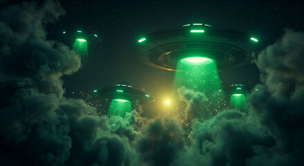Fototapeta premium Eerie scene of unidentified flying objects hovering above the mysterious clouds