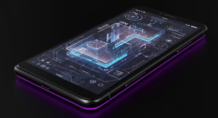 Isometric View of Illuminated Smartphone Displaying Digital Circuitry Against Dark Background