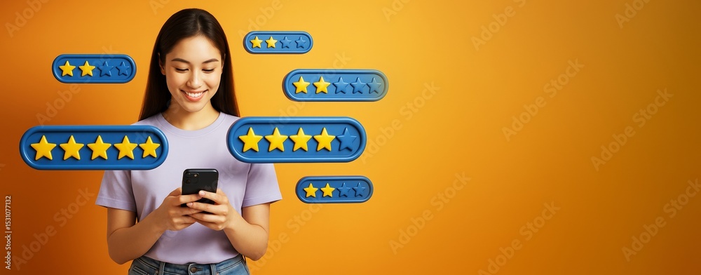 Poster smiling woman using smartphone with floating five-star rating icons on bright orange background, con