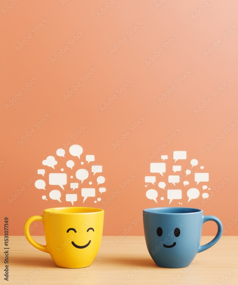 Poster Two smiling coffee mugs with speech bubbles on peach background symbolizing friendly communication and positive conversation concept.