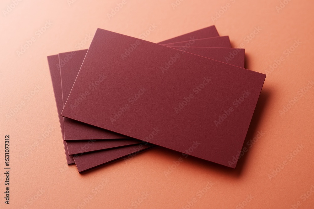 Poster blank burgundy business cards fanned out on soft peach background for branding or promotion concept 