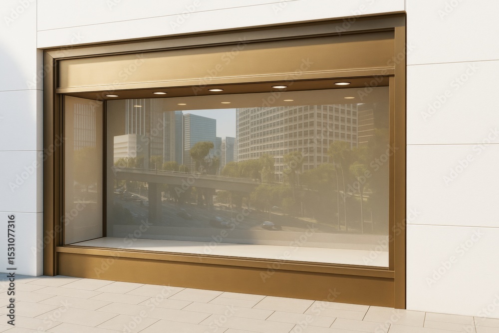 Poster Empty storefront display window with golden frame and city reflection in glass, suitable for advertising or branding concept mockup template.