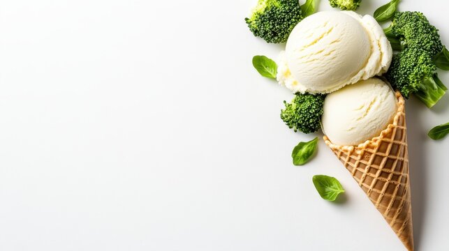 A surreal image showing a cone of vanilla ice cream topped with broccoli, creatively contrasting indulgence and health, challenging perceptions of dessert and nutrition.