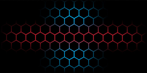 Dark gray and red horizontal hexagonal technology abstract vector background. red bright energy flashes under hexagon in futuristic modern technology wide banner. Dark gray honeycomb texture grid.