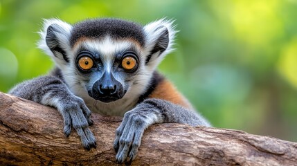 Fototapeta premium A charming portrait of a lemur resting on a branch, showcasing its striking facial features and captivating blue eyes, representing wildlife's beauty and uniqueness in nature.