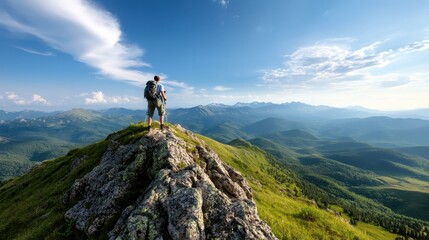 Fototapeta premium An adventurous hiker stands triumphantly on a mountain peak, surrounded by breathtaking landscapes, capturing the essence of exploration and the beauty of nature.