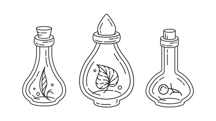 Vector potion bottles with herbs and leaves black linear icons for stickers, planners, and fantasy designs