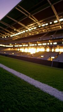a modern  football stadium with illuminated seating is viewed under a sunset sky from the touchline of a soccer field. concept of sports venue ambiance and evening sports events.
