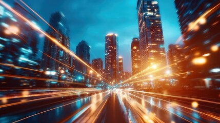 Fototapeta premium A breathtaking cityscape at night, characterized by linear light trails and towering structures, reflecting urban energy and modern living in a mesmerizing display.