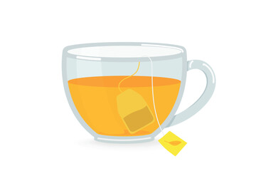 Tea glass cup, tea bag and green tea isolated on white background. Vector cartoon flat illustration of hot drink