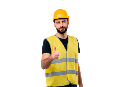 Construction worker in safety vest and hard hat giving thumbs up on transparent background, PNG