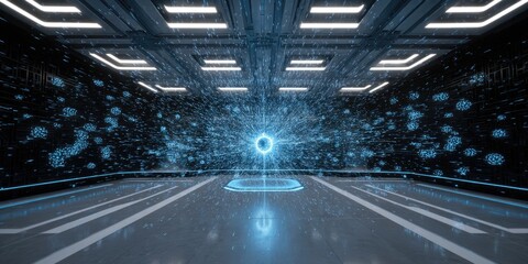 Futuristic, high-tech interior with swirling, digital particles