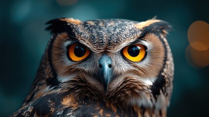 A captivating close-up of an owl's face showcasing its piercing orange eyes and intricate feather patterns, symbolizing wisdom and beauty in the animal kingdom.