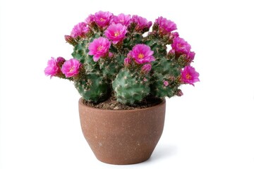 Blooming pink cactus in brown pot isolated on white background