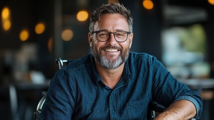 Obraz premium This portrait features a cheerful man smiling warmly, conveying positivity and friendliness while seated casually in a contemporary setting filled with ambient light.