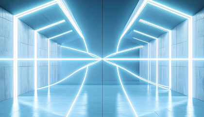 Obraz premium Abstract Blue Neon Light Tunnel Interior Design