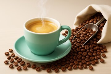 Obraz premium Steaming cup of espresso in a turquoise mug with scattered coffee beans and scoop on beige background, showcasing cozy drink concept in warm light.