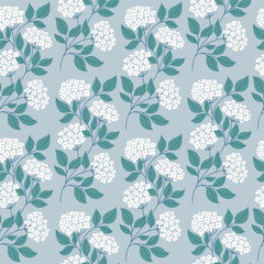 Floral vector pattern. Branches of blooming hydrangea on a blue background in a simple flat style