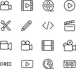 Video Production And Editing Line Icons- Film, Camera And Digital Media Tools.