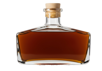 Isolated Glass Bottle of Amber Liquid with Cork Stopper
