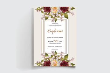 WEDDING INVITATION FRAME WITH FLOWER DECORATIONS AND FRESH LEAVES