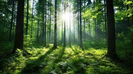 Obraz premium A magical view of sunbeams cutting through a serene forest showcases the interplay of light and greenery, symbolizing hope, peace, and the tranquility of nature.