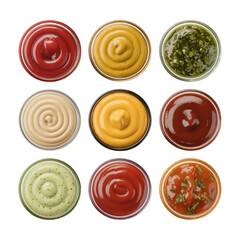 Delicious variety of colorful sauces in bowls top view dip bbq red dips on transparent background