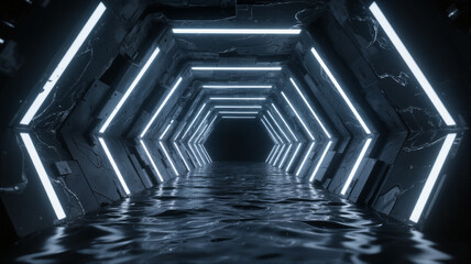 Obraz premium Dark corridor with blue lights on sides and water in center