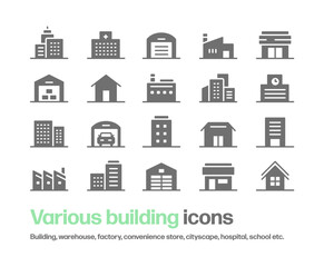 色々な建物のアイコン。ビル,倉庫,工場,病院,学校,家等のシルエットアイコン