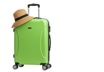 Isolated Green Suitcase with Straw Hat for Summer Vacation