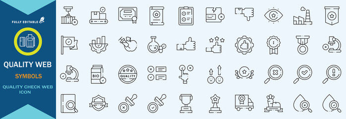 Quality control set of web icons in line style. Quality Check computing icons for web and mobile app. Containing inspection, evaluation, production, quality assurance, certificate, testing and more