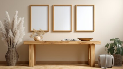 Elegant Minimalist Interior with Wooden Decor and Framed Art