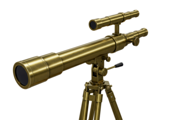 Isolated Antique Brass Telescope on Wooden Tripod