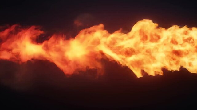 Fiery, radiant orange flames dance across the dark backdrop, creating vivid contrast