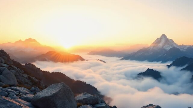 Majestic Sunrise over Misty Mountain Peaks