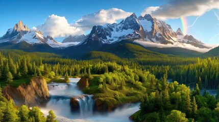 Dramatic summer landscape with majestic mountains, lush forests, waterfalls and a vibrant rainbow under clear skies