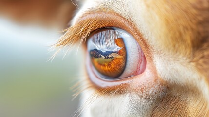 Extreme close-up reveals intricate details of a cow's eye reflecting a scenic landscape