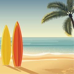 Sunset Surf Scene Coastal Paradise with Surfboards and Palm Tree