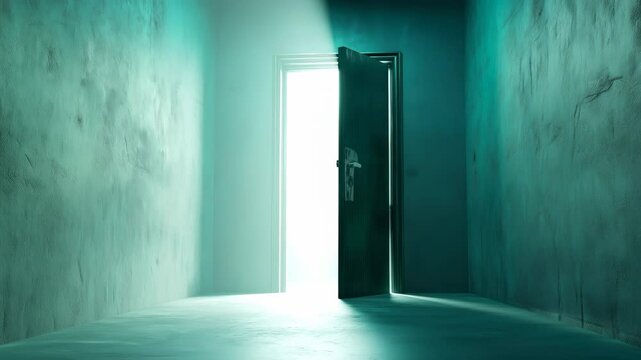 Dark room with partially open door, bright green light streaming through doorway, creating dramatic atmospheric scene with textured walls and concrete floor.