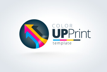 Printing Theme Logo. Cmyk Arrows Actoins ink. Template design vector. White background