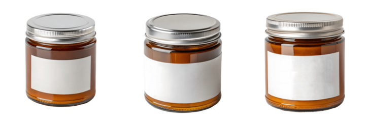 A Set for Three amber glass jars with silver lids, isolated on white