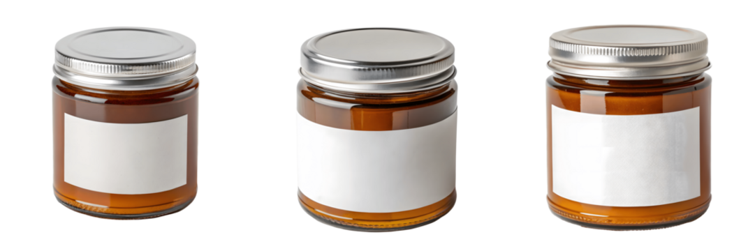 A Set for Three amber glass jars with silver lids, isolated on white