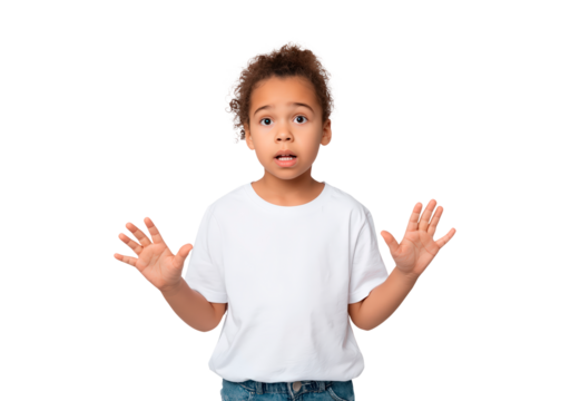 Surprised child expressing astonishment in white t-shirt on transparent background, PNG