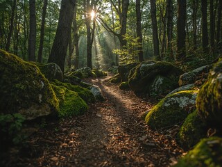 Woodland Path with Mossy Rocks and Dappled Sunlight