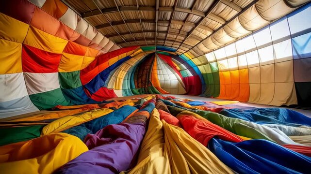 Inside a large inflated colorful patchwork hot air balloon, pattern of fabric squares against wooden rafters and sunlit background.